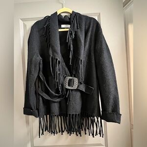 Vintage La Seine Women’s Fringe Boiled Wool Belted Jacket Black Southwestern M